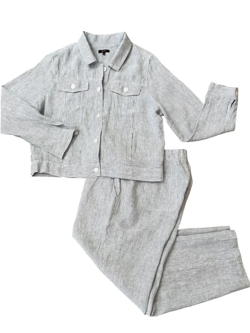 Quince 100% European Linen Blue Pinstripe Jacket and Pant Set Womens XL Coastal